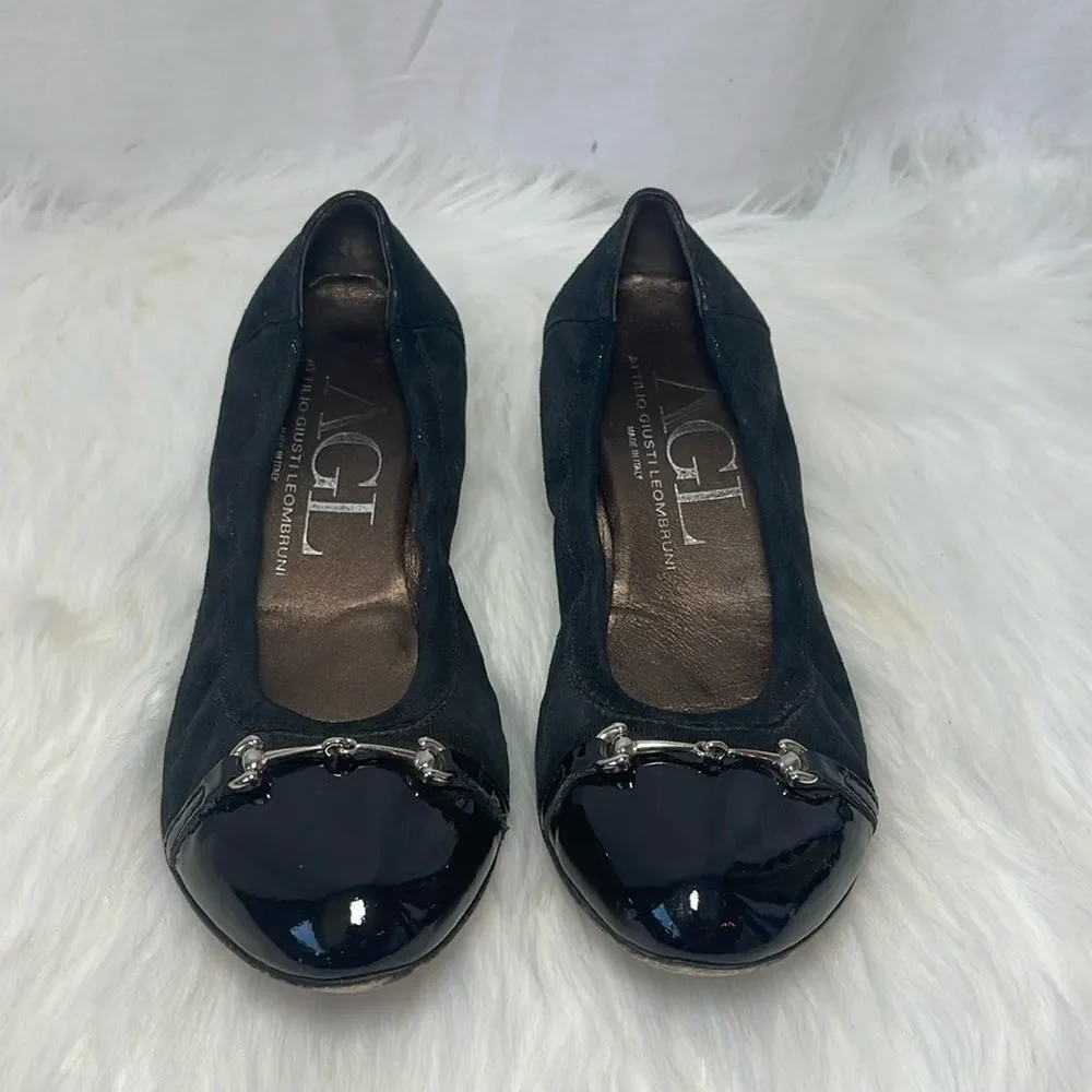 AGL Attilio Giusti Leombuni Black Metallic Cap Toe Horse Bit Heel Sz 39.5/US 7.5